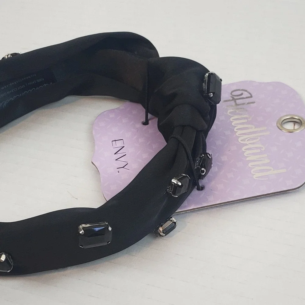 Knotted Headband Black Satin Faux Black Rhinestones